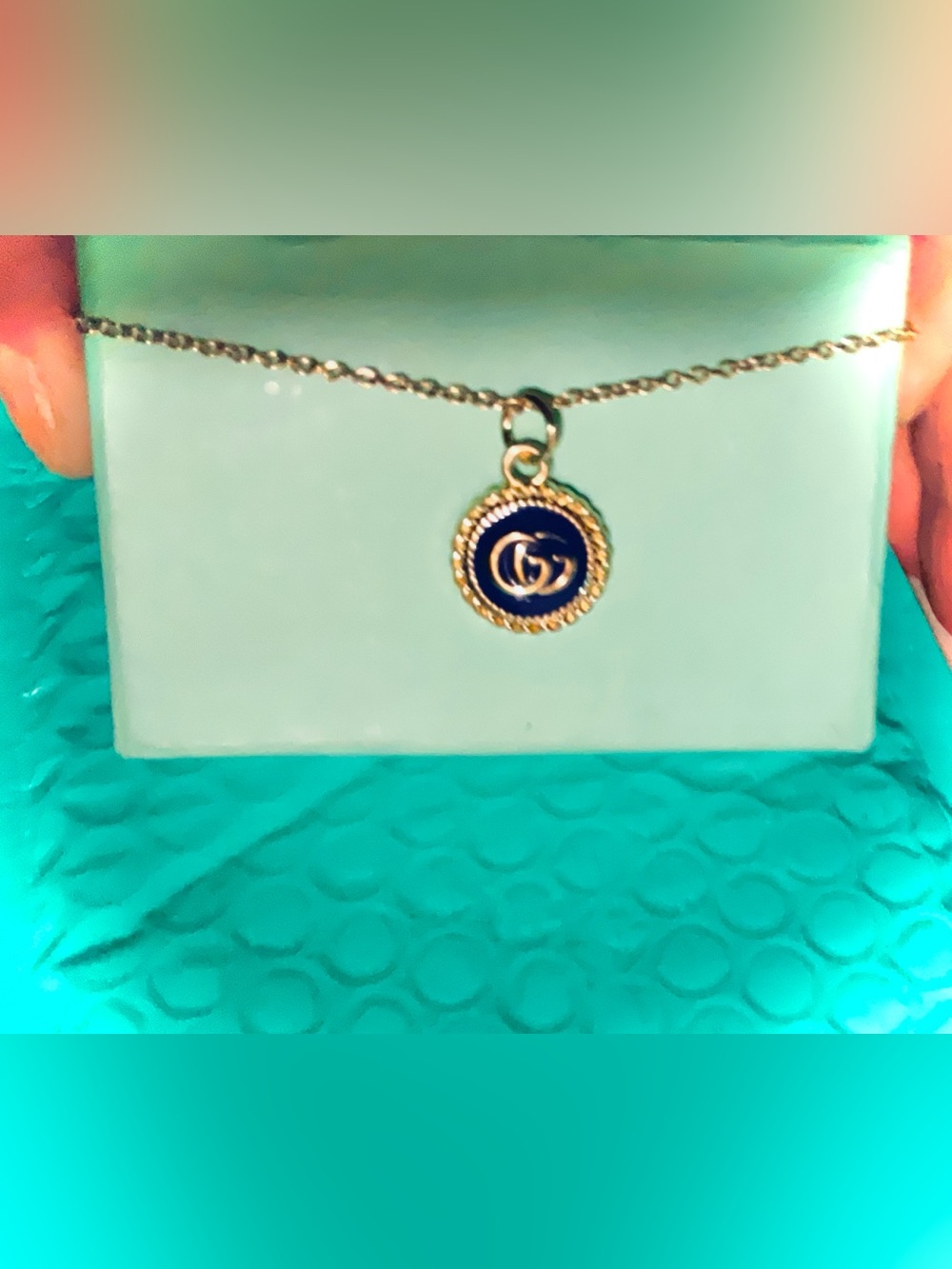 Gucci Gold & Navy Blue Pendant Necklace - Women Jewelry Beautiful